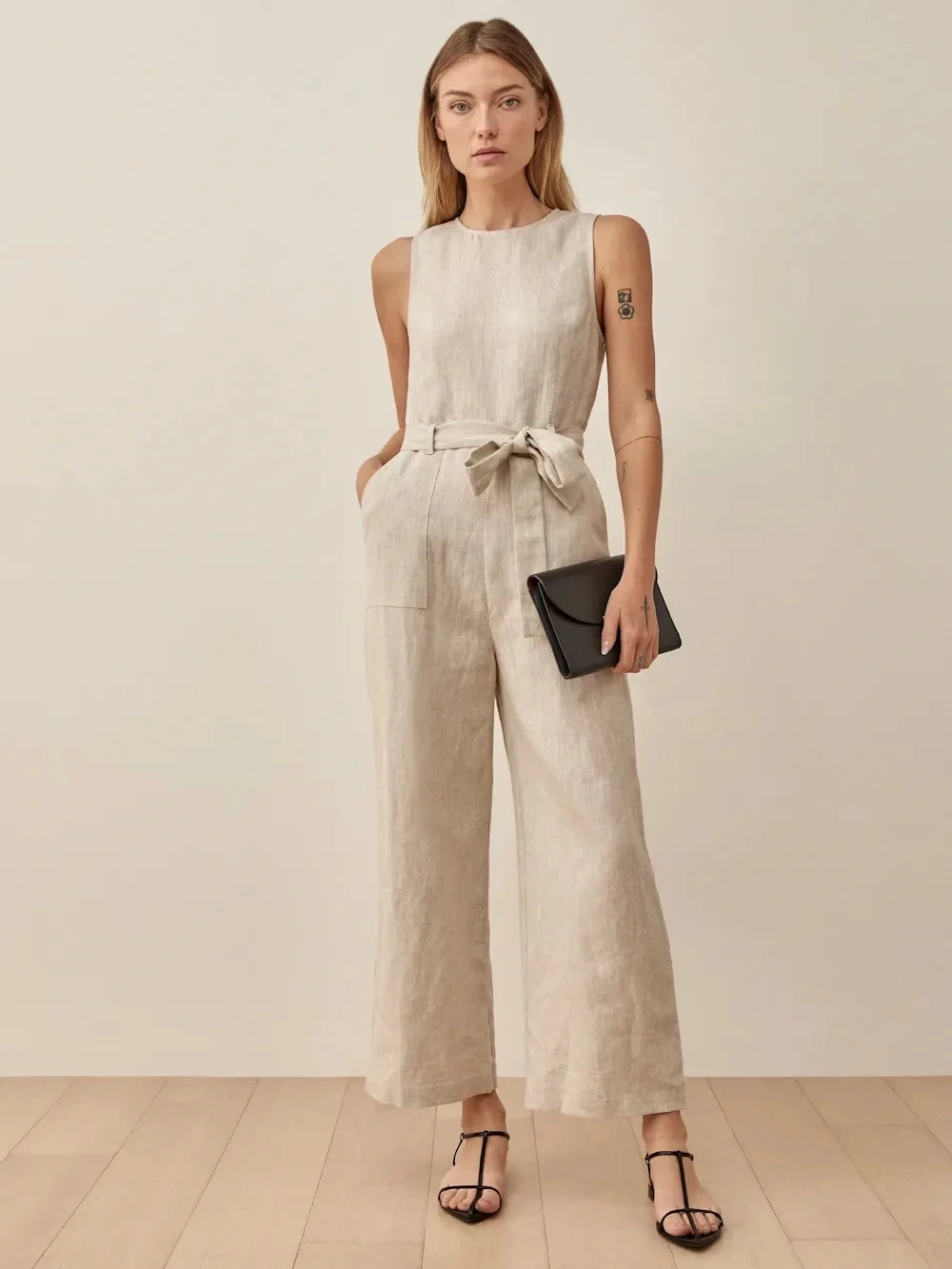 Reformation Naomi Linen Tan Belted Jumpsuit 6 Petite